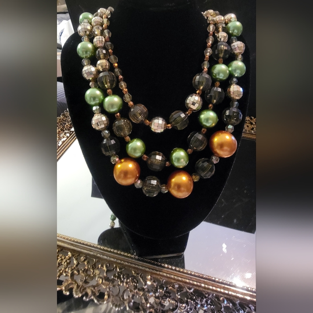 Stunning Triple Layer Green and Gold Beaded Necklace